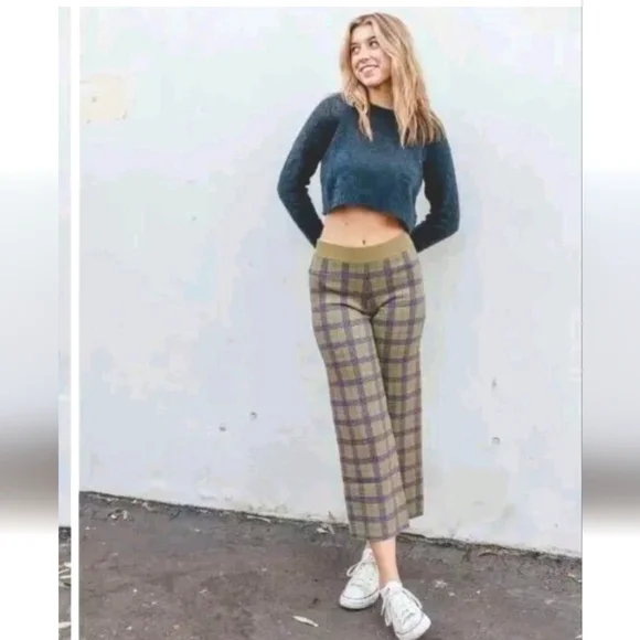 DAYDREAMER Joggers Sweatpants Olive Plaid Athleisure Womens Sz Large - Picture 1 of 8